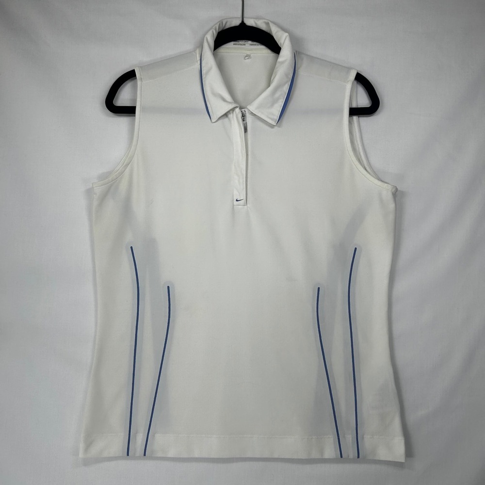 Vintage Y2K NIKE GOLF White Blue Sleeveless Polo Top M Fit Dry Golfwear Athletic